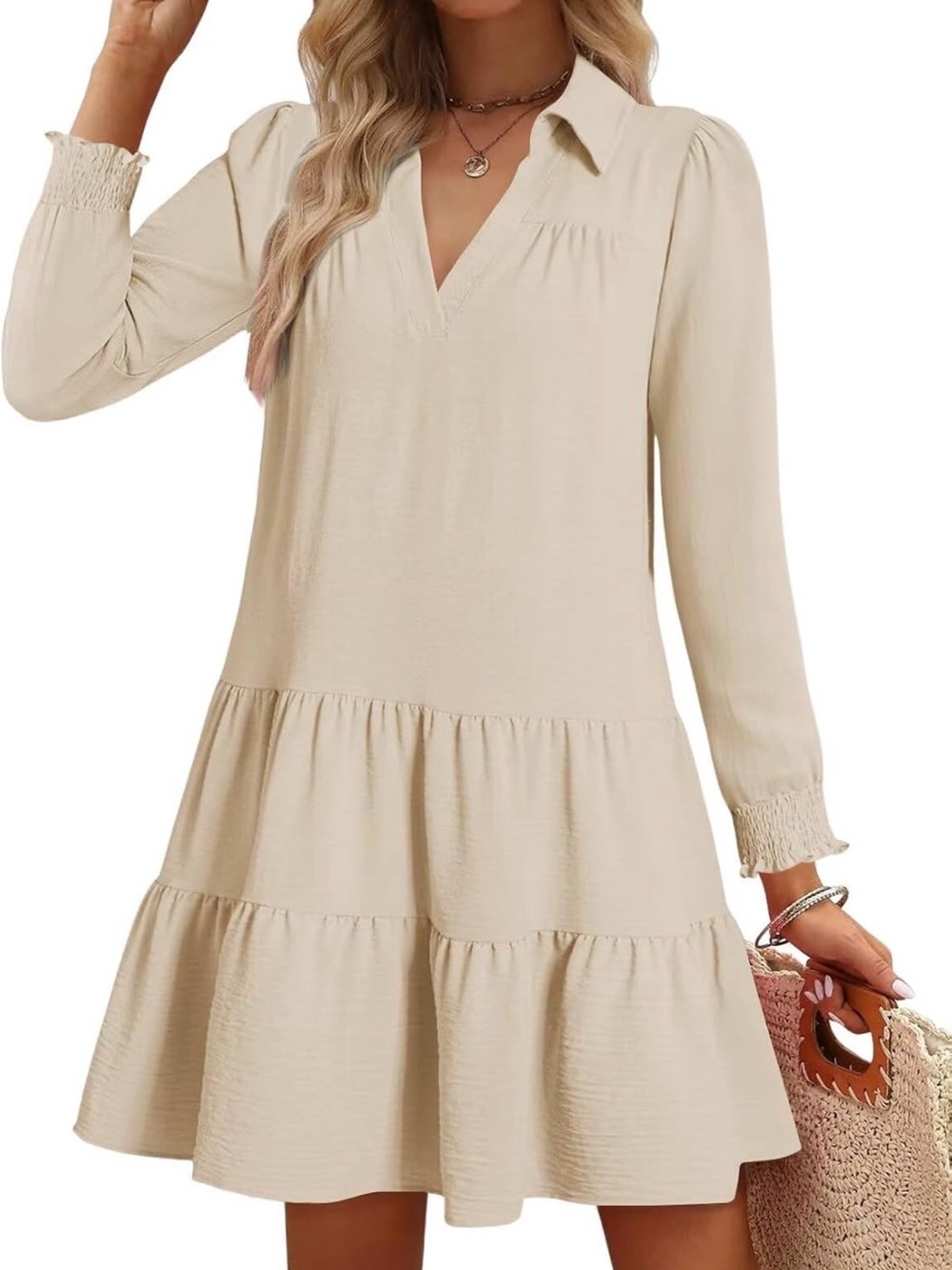 Casual Dresses for Women Long Sleeve Fall Lapel Collared V Neck Pleated Midi S